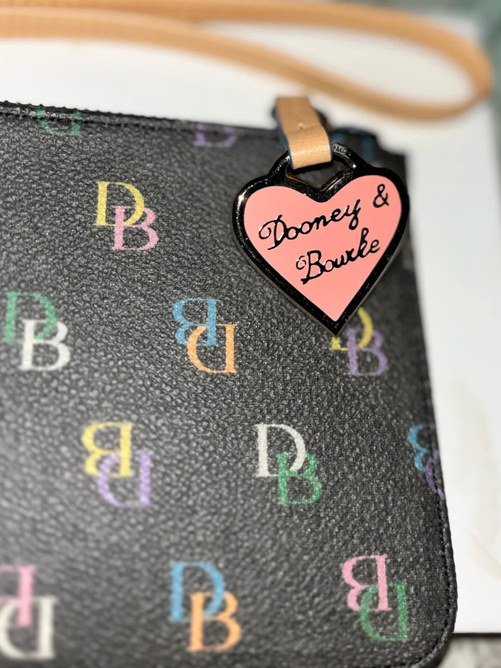 Dooney & Bourke Vintage Black Multicolor Logo Wristlet with Rainbow Zip with Box